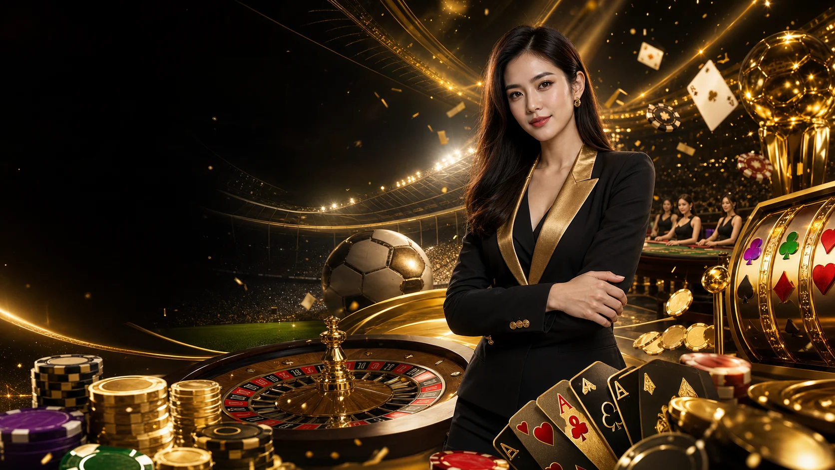 พรีเซนเตอร์ผู้ใหญ่ในอารีนาเกมสีทอง พร้อมฟุตบอล รูเล็ต ไพ่ และสล็อตของ G2G168SA